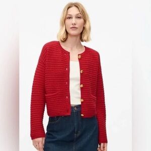 Gap Women’s Red Textured Chunky Knit Gold Buttons Preppy Cardigan Sweater M